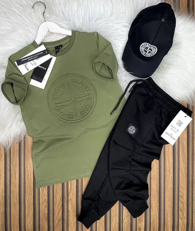 Детский комплект Stone Island: футболка, джоггеры и кепка