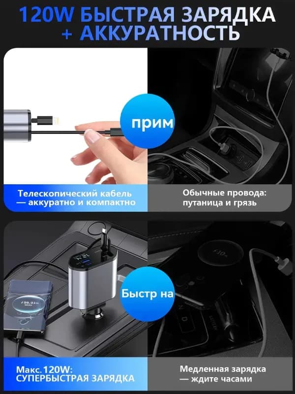 Автомобильное зарядное устройство 4-в-1 с LED-дисплеем-6