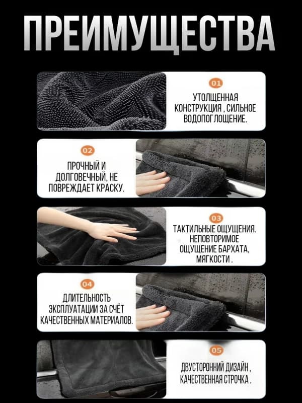 Микрофибровое полотенце для автомобиля, 60x30см-3