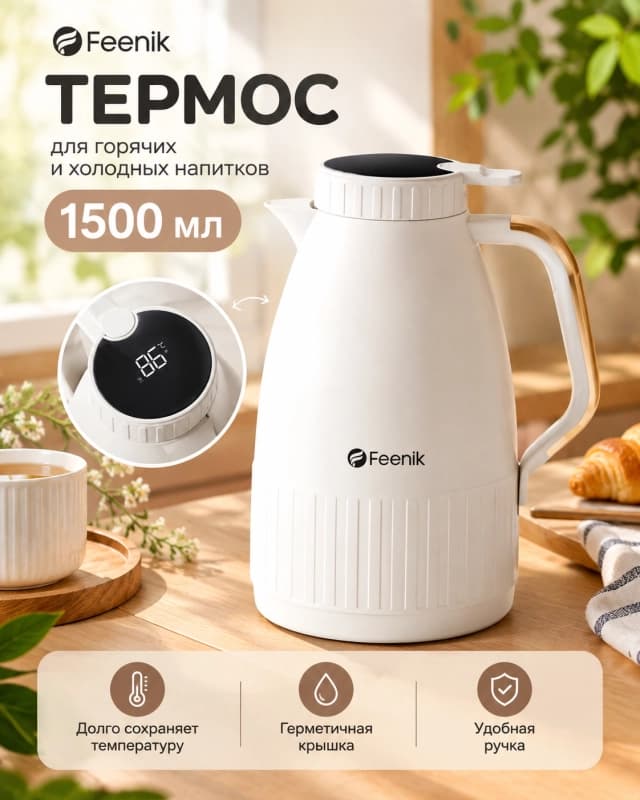 Термос Feenik 1500 мл с термометром